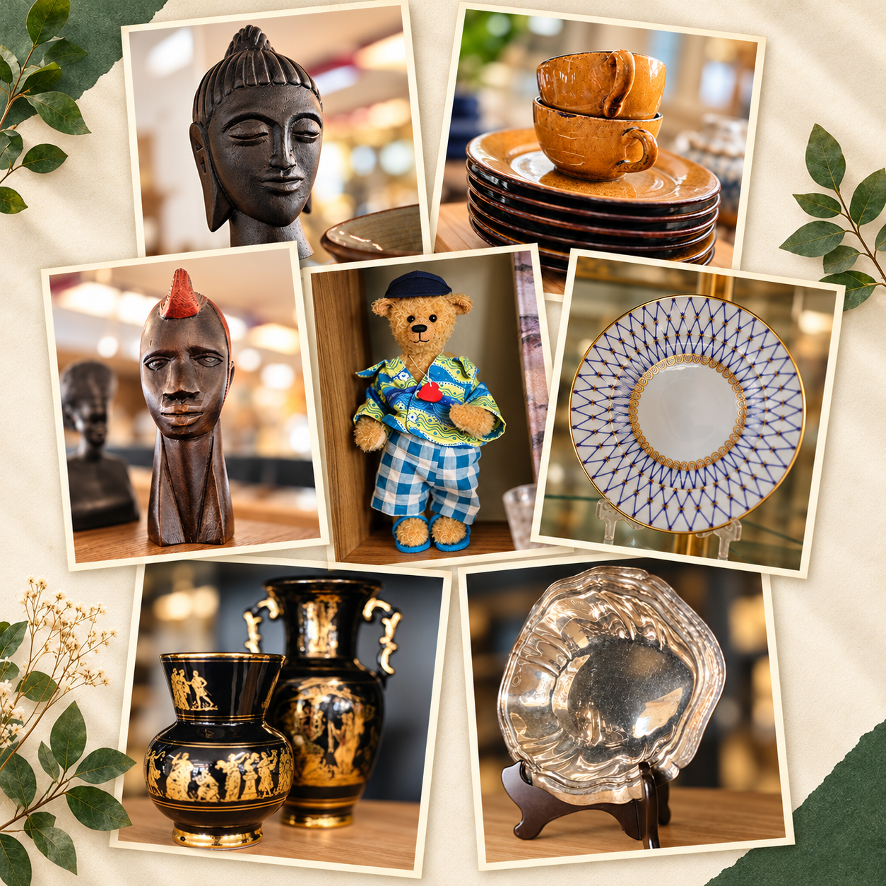 REIMAL Fundstücke in einer gemeinsamen Collage: zwei geschnitzte Figuren, bernsteinfarbenes Geschirr, ein Teddybär, ein blau-goldener Teller, schwarz-goldene Vasen und ein silberfarbener Servierteller.
